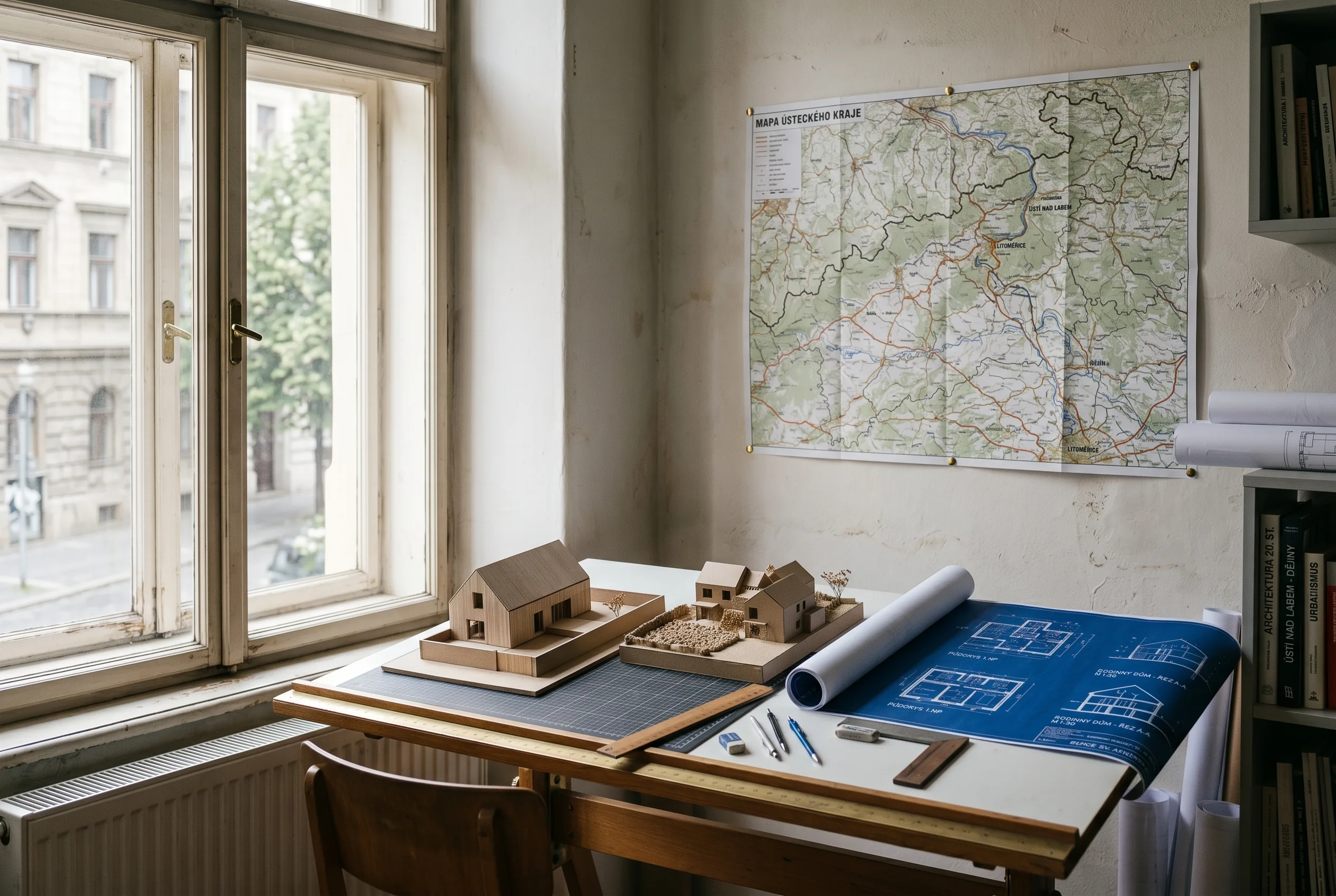 An architect's studio with scale models and a map of Ústí Region