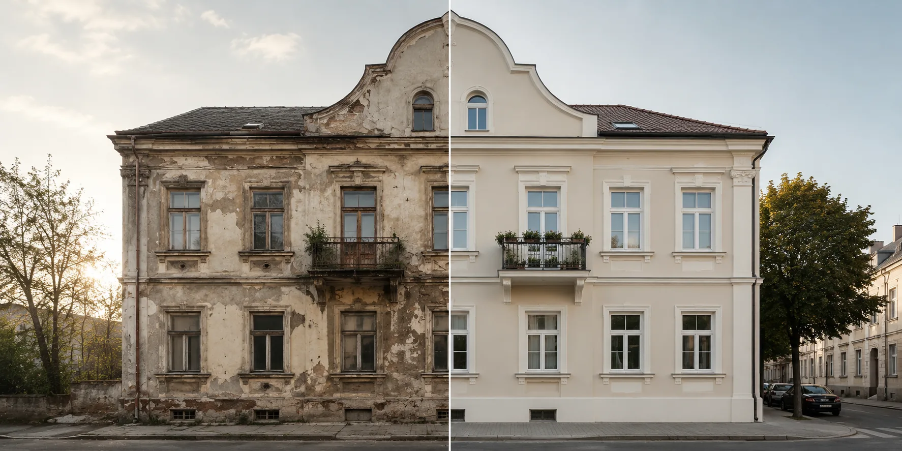 A Czech period building shown before and after restoration – dilapidated façade on the left, fully renovated on the right