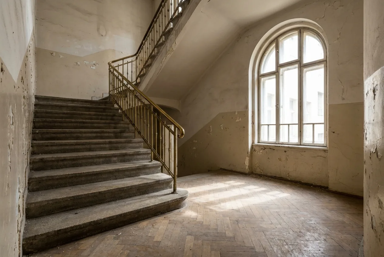 An empty old-Prague stairwell with daylight through arched windows