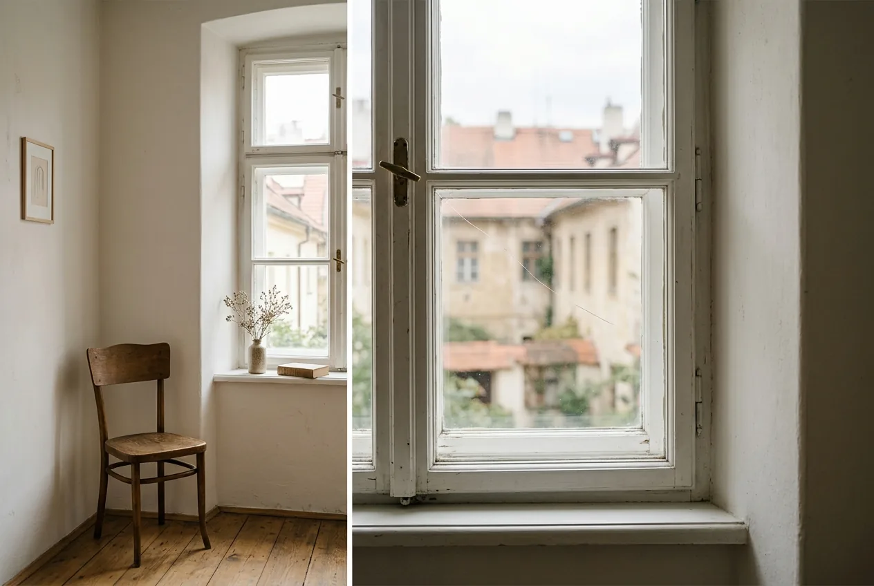 A tall window with a hairline crack in one pane — daylight beyond