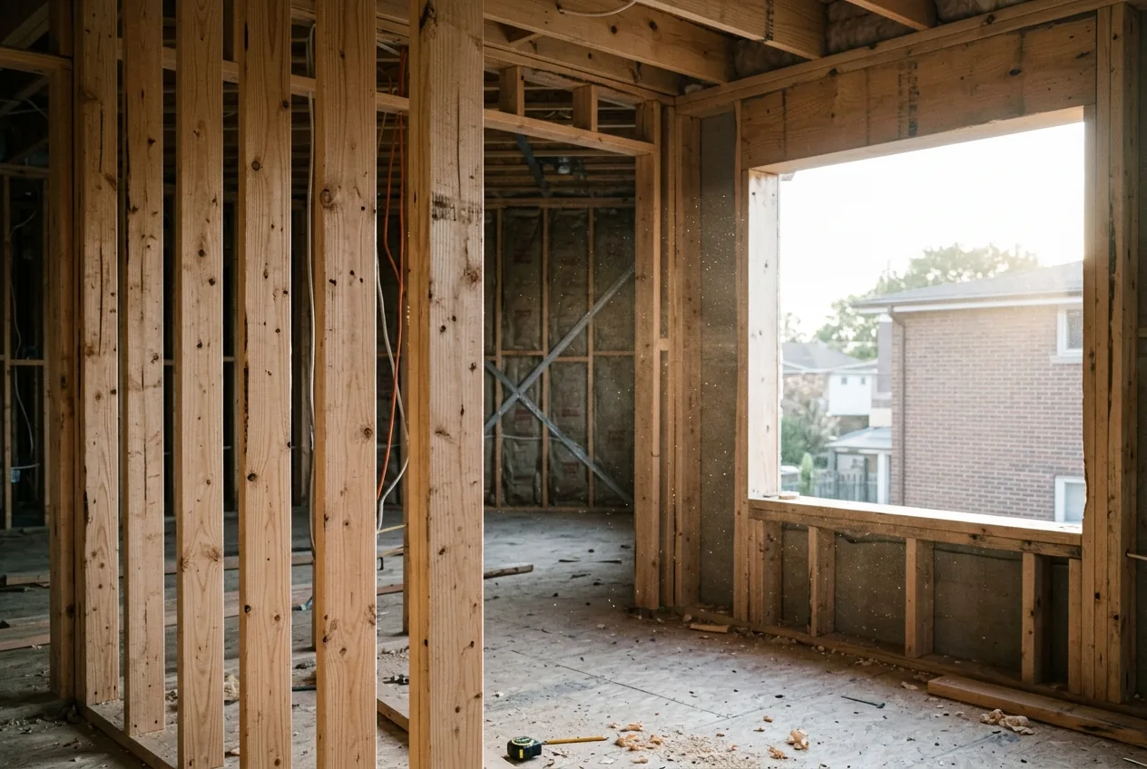 A framed-but-unfinished apartment interior — almost ready